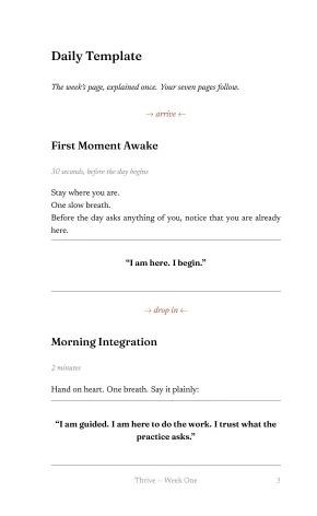 The Week One template page. First Moment Awake: stay where you are, one slow breath. Then Morning Integration and its line, hand on heart.